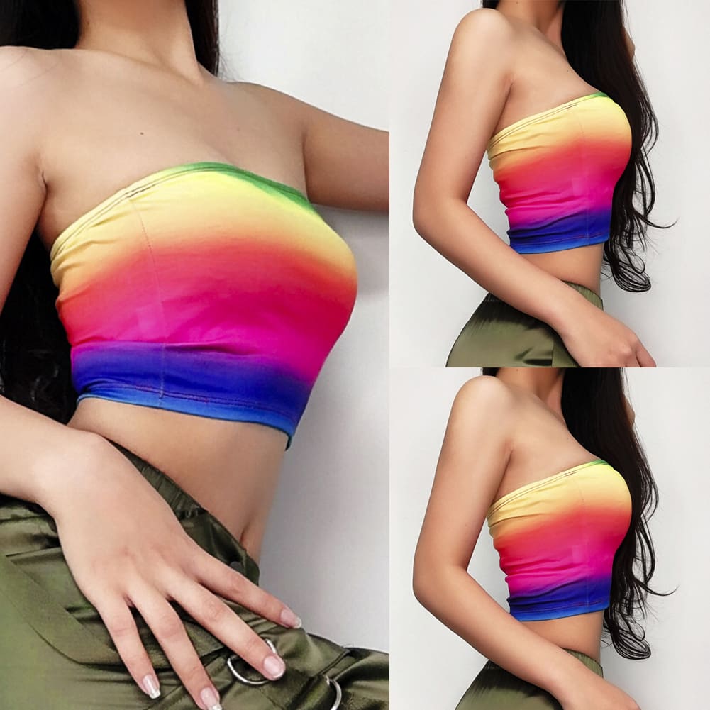 Summer Women Casual Off Shoulder Stretch Tank Top Vest Blouse Fashion Ladies Sleeveless Rainbow Print Crop Tops Shirt