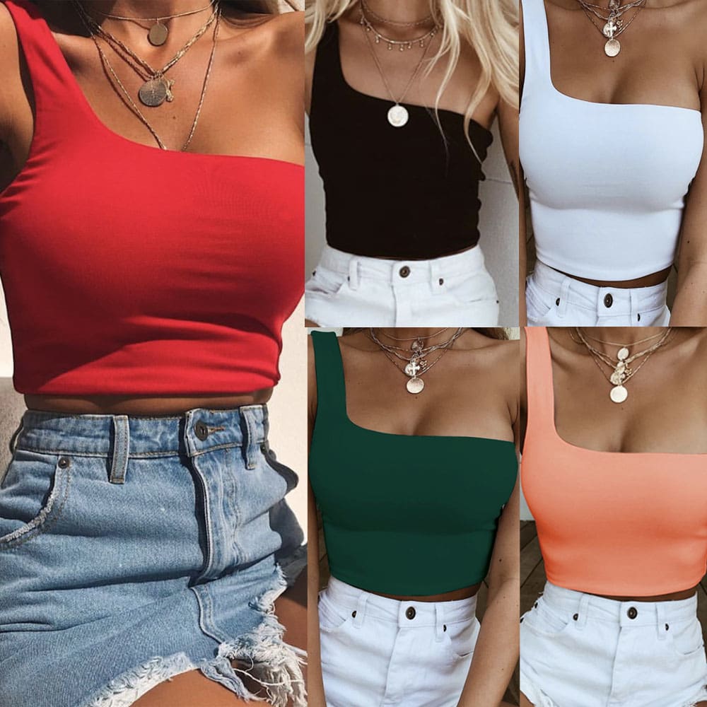 Women Ladies One Shoulder Crop Tops Sleeveless T-Shirt Tank Tops Summer Beach Vest Bare Midriff Summer Fashion Clothes