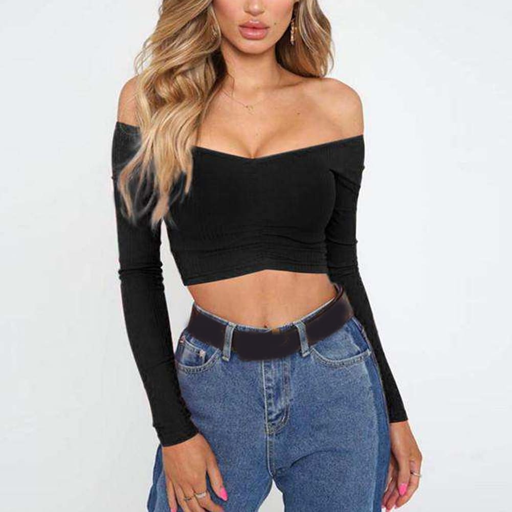 New Women Summer Casual Off Shoulder Tops Vest Shirt Long Sleeve Solid Crop Top Shirt Pullover Slim Tee Streetwear