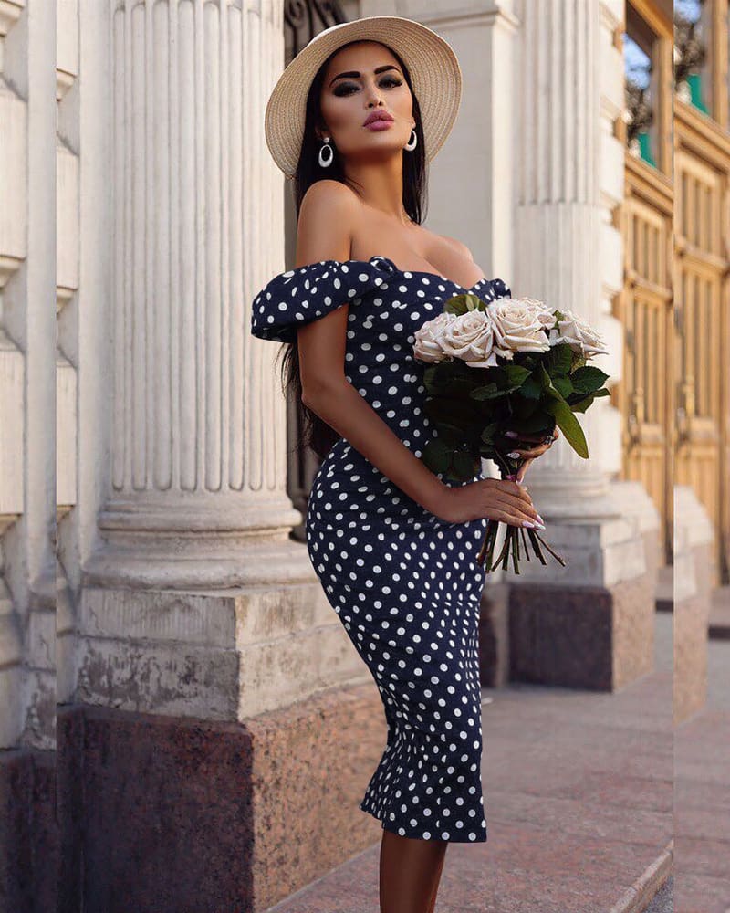 New Women Summer Boho Polka Dot Dress Ladies Casual Bodycon Off Shoulder Party Evening Beach Pencil Sundress