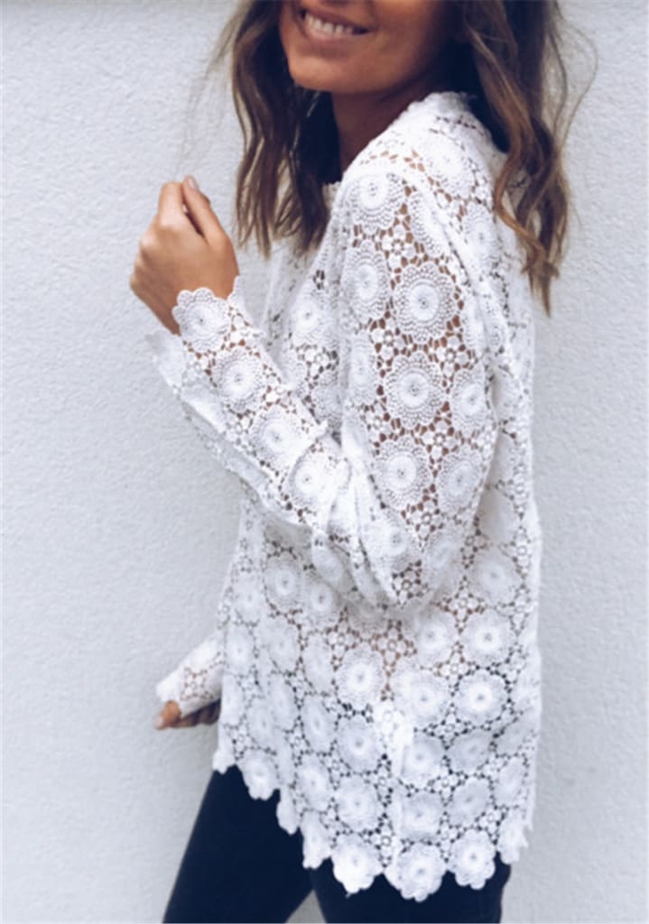 Fashion Women Boho Beach Holiday Summer Loose Casual Chiffon Lace Floral Embroider White Tops Femme Ladies Mesh Shirt