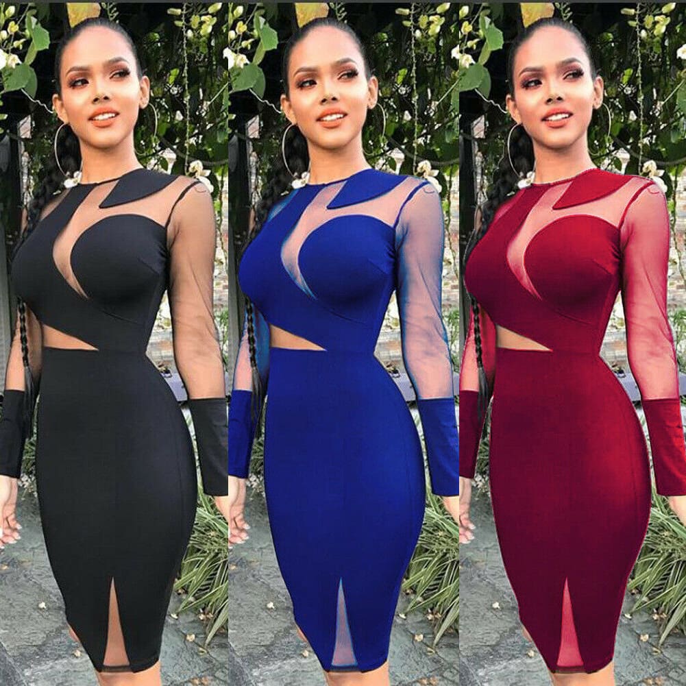 Women Lady Long Sleeve Bandage Bodycon Summer Casual Solid Party Cocktail Club Short Mini Dress