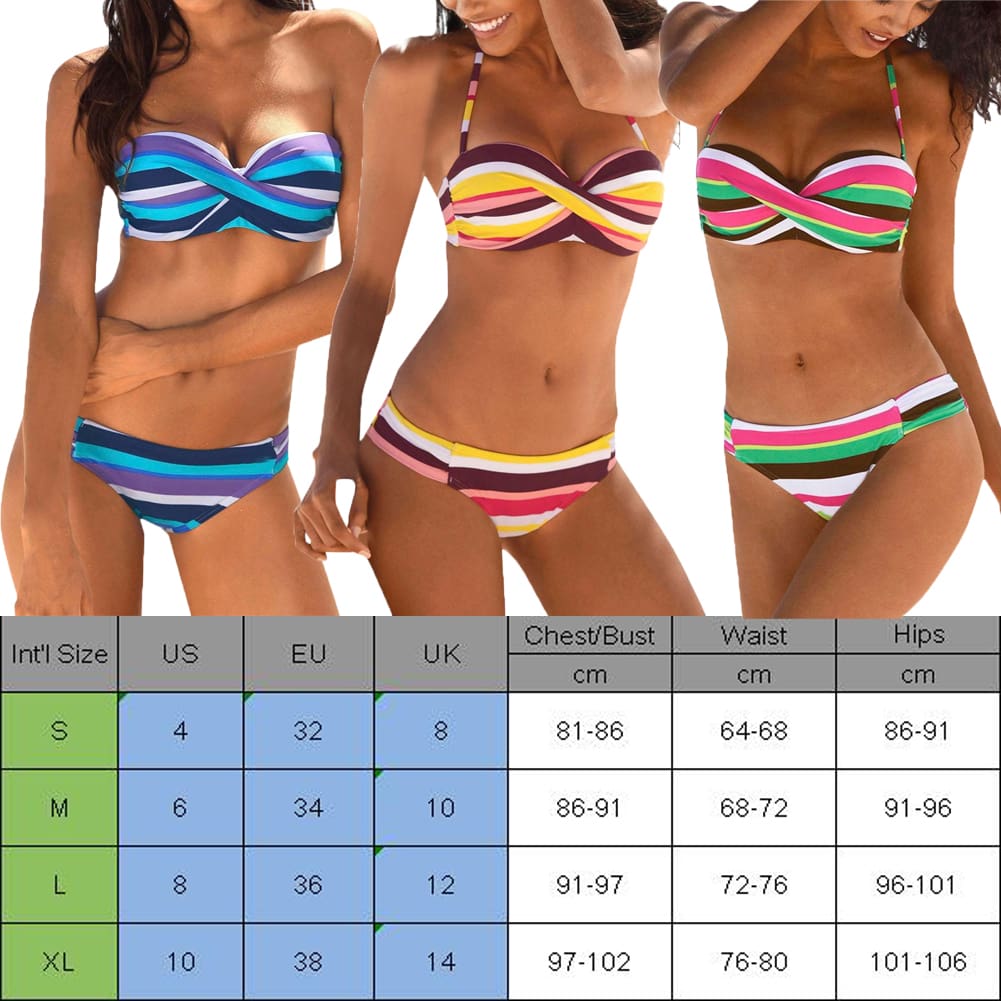 New Women Two-Piece Swimsuit Bandage Beachwear Swimwear Chromatic Stripe Push Up Padded Bra Bikini Bathing Suit