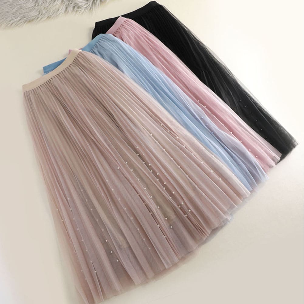 Women Lady A-line Tutu Elastic Waist Mesh Long Maxi Skirts Party Three Layer Chiffon Pleated Retro Lace Skirt