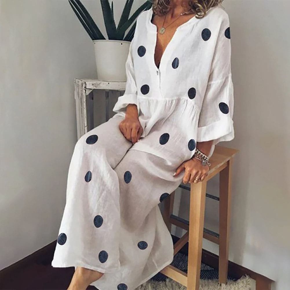 Plus Size Women Boho V-neck Long Shirt Dress Ladies Long Sleeve Casual Summer Holiday Polka Dot Loose Maxi Dress