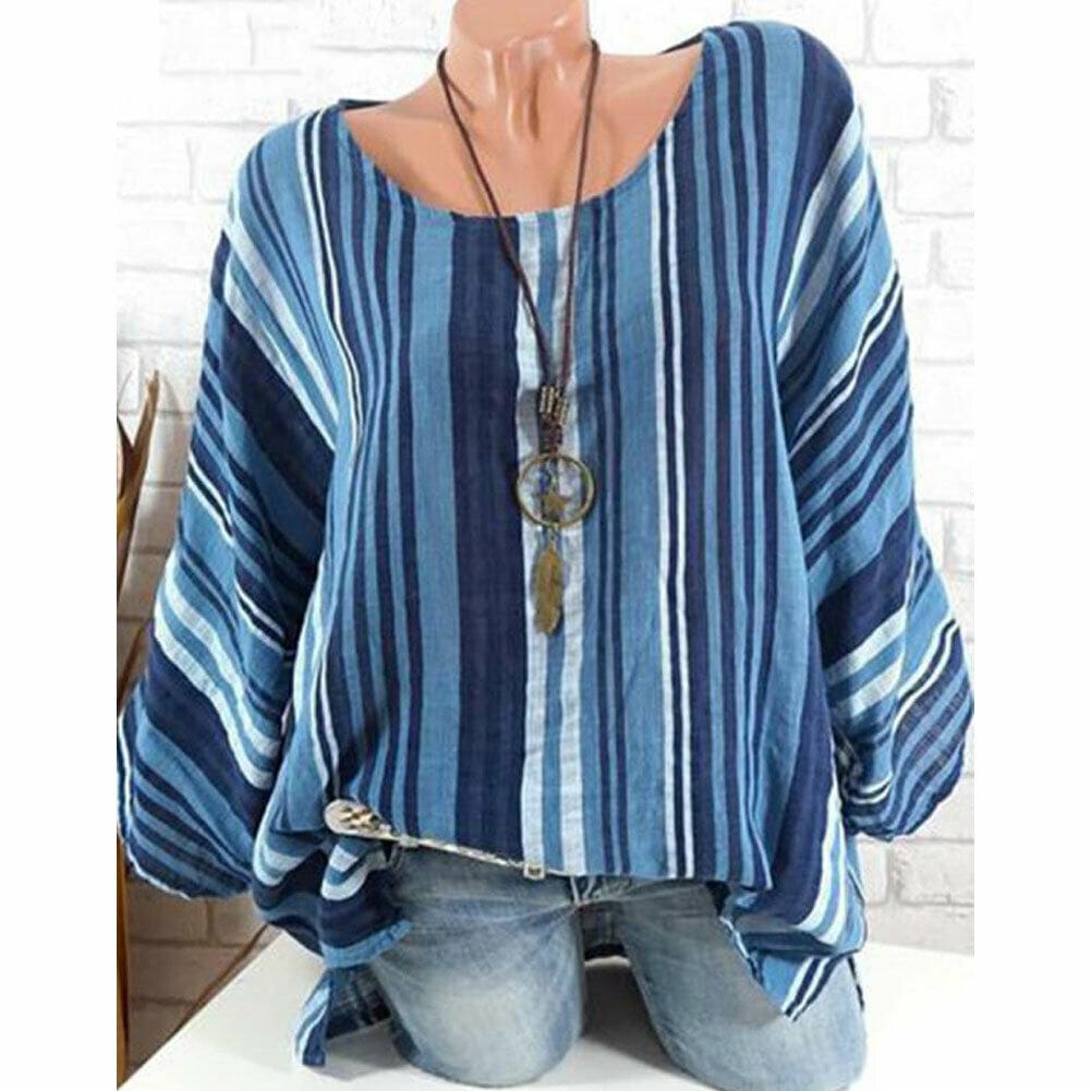 Plus Size New Women Tops Raglan Sleeve Shirt arrival Cotton Linen Striped Baggy Tunic O-Neck Loose Shirt