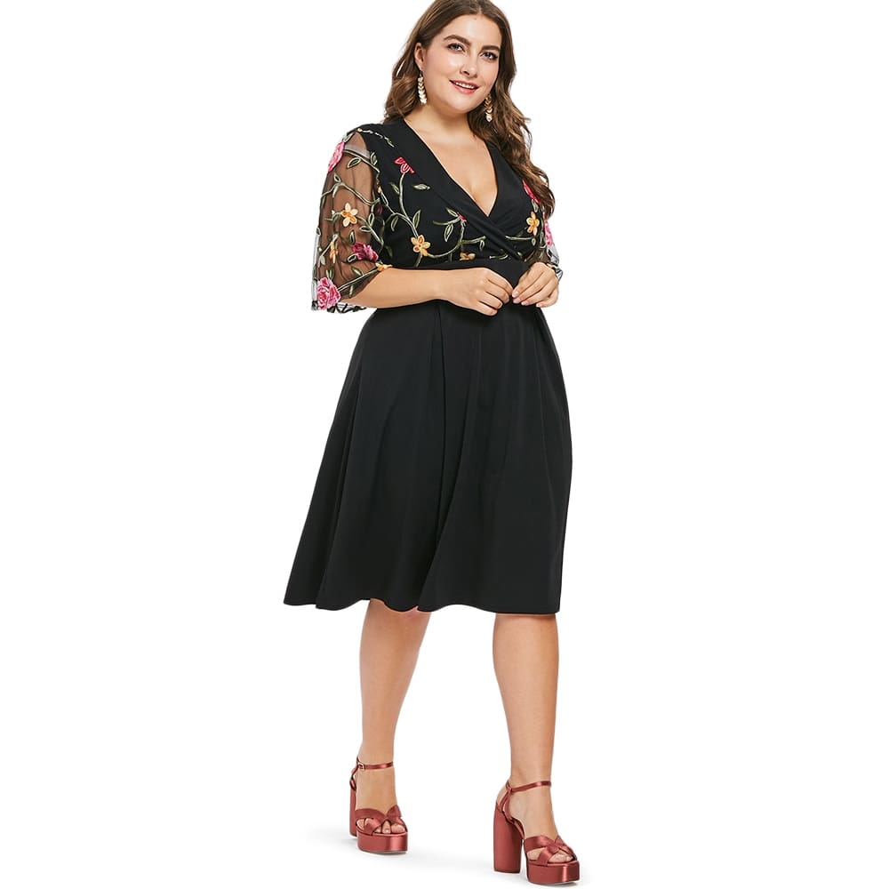 Women Dress V Neck High Waist See Through Sleeves Vintage Plus Size