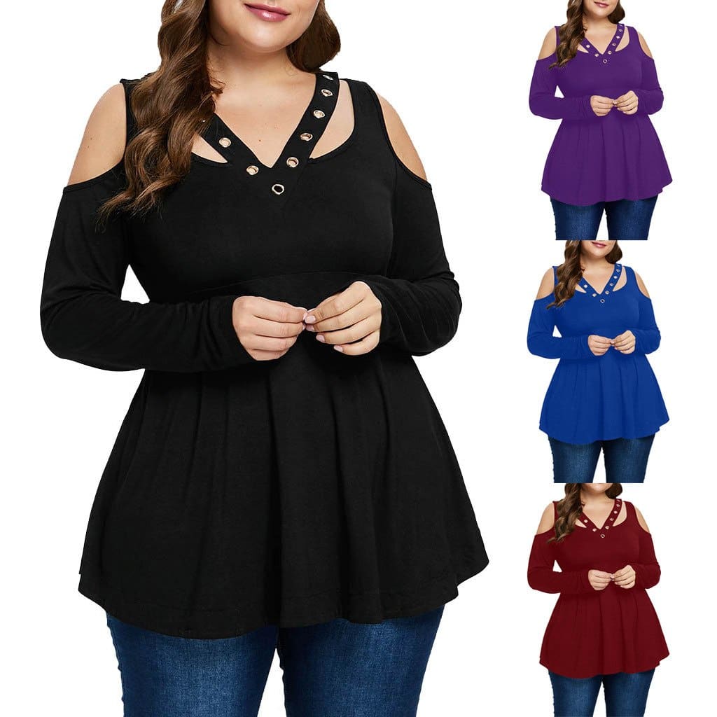 Plus Size Grommet V-Neck Top Blouses For Elegant Ladies