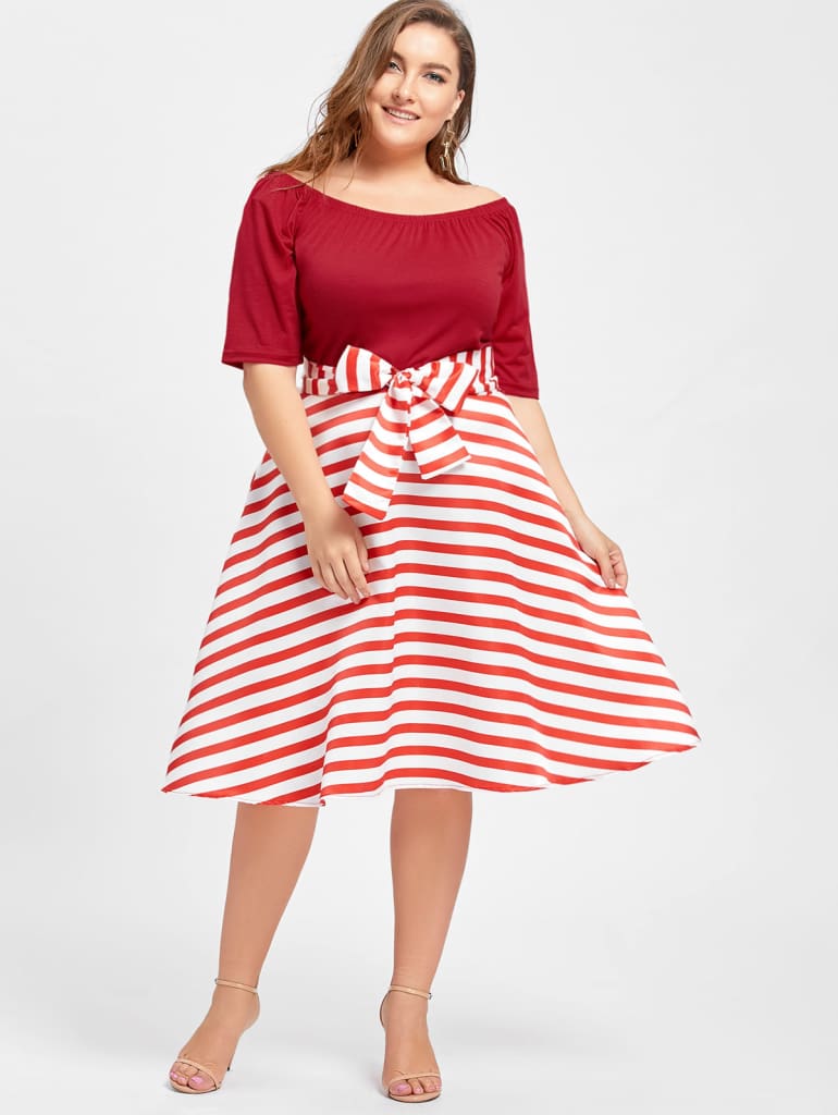 Stripe Women Vintage Dress Half Sleeves High Waist Bowknot Plus Size