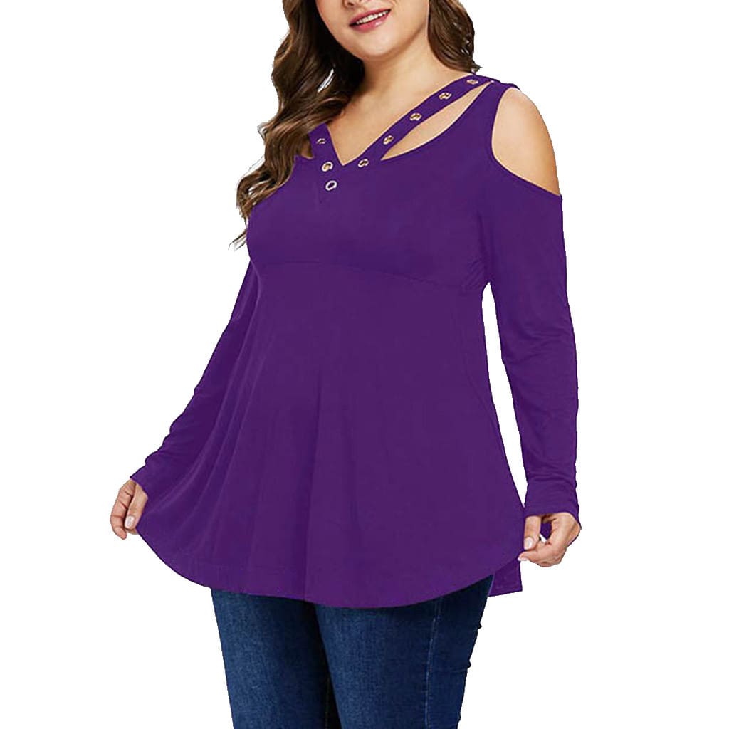 Plus Size Grommet V-Neck Top Blouses For Elegant Ladies