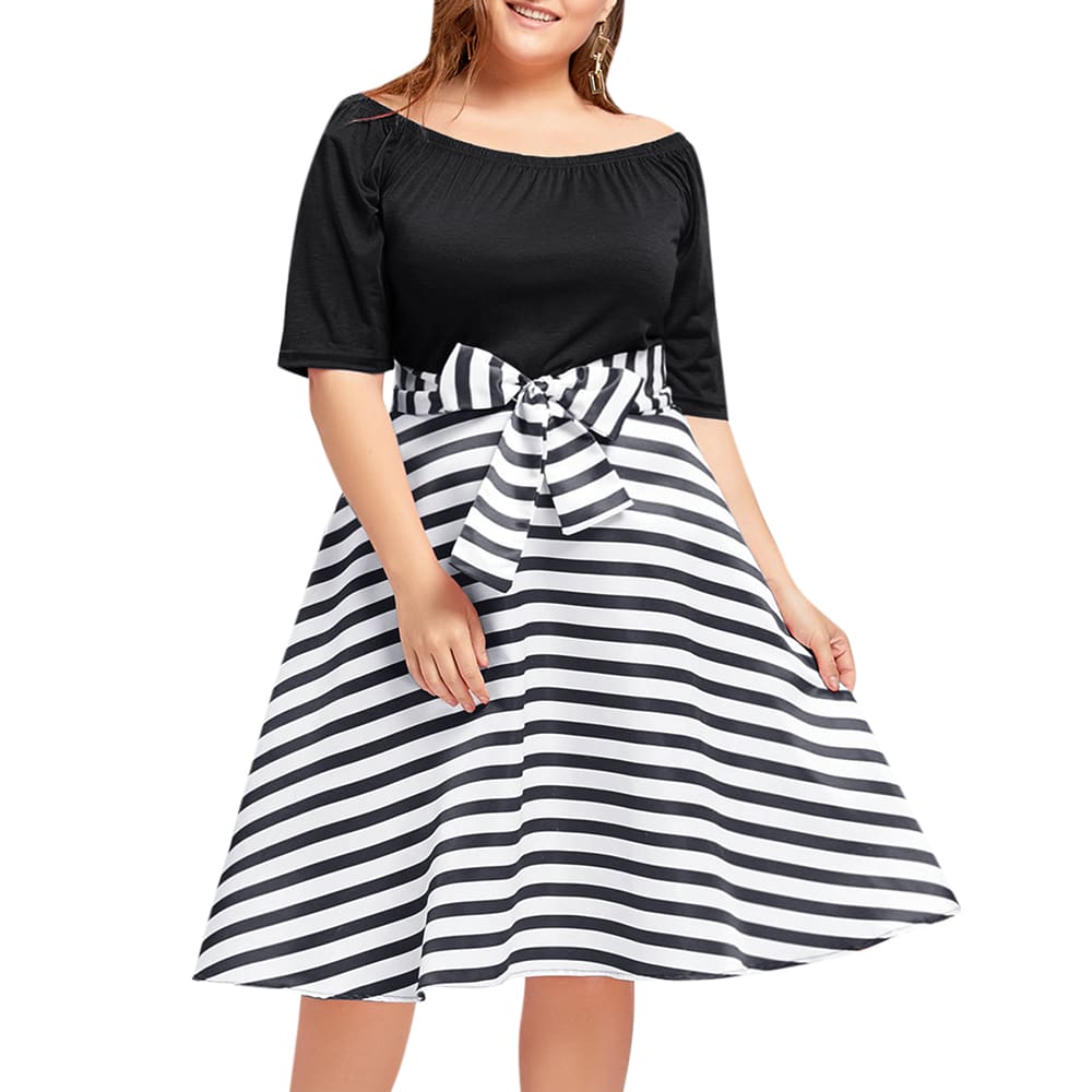 Stripe Women Vintage Dress Half Sleeves High Waist Bowknot Plus Size