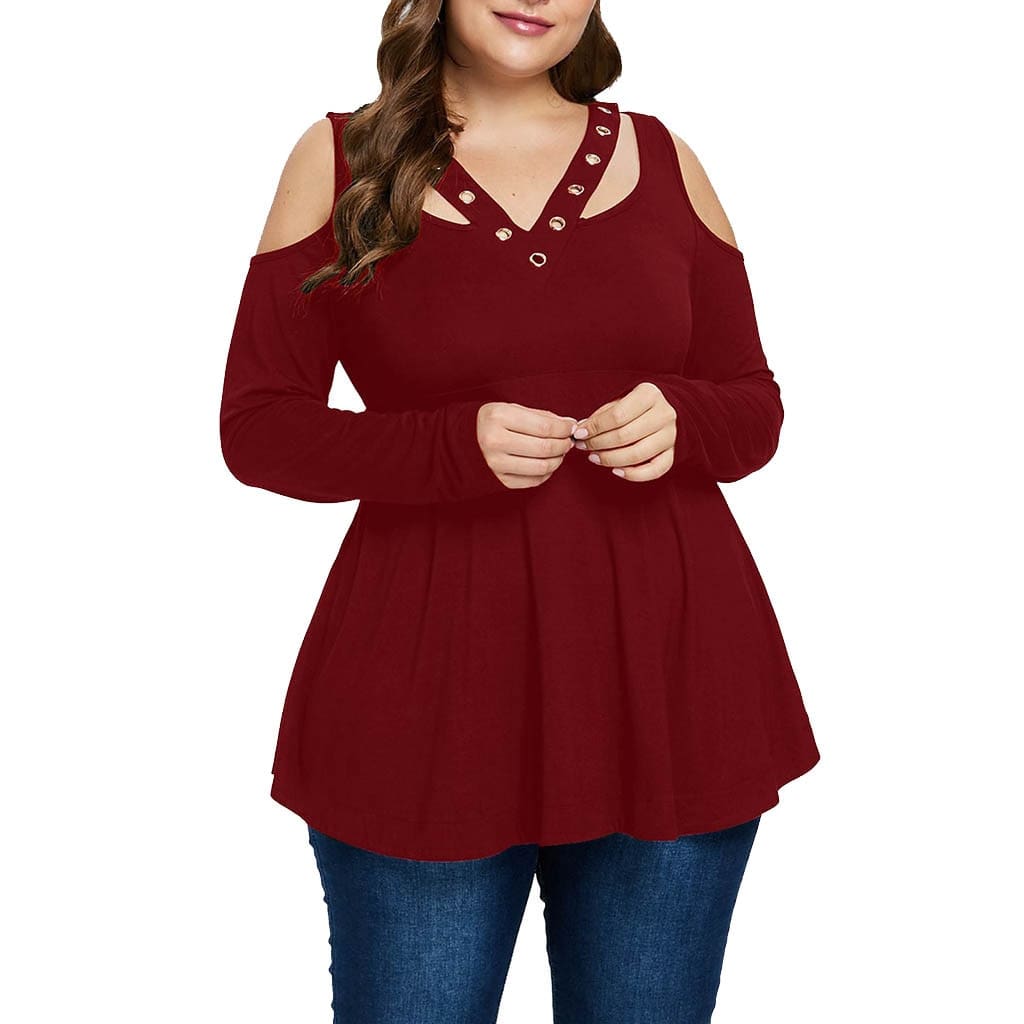 Plus Size Grommet V-Neck Top Blouses For Elegant Ladies