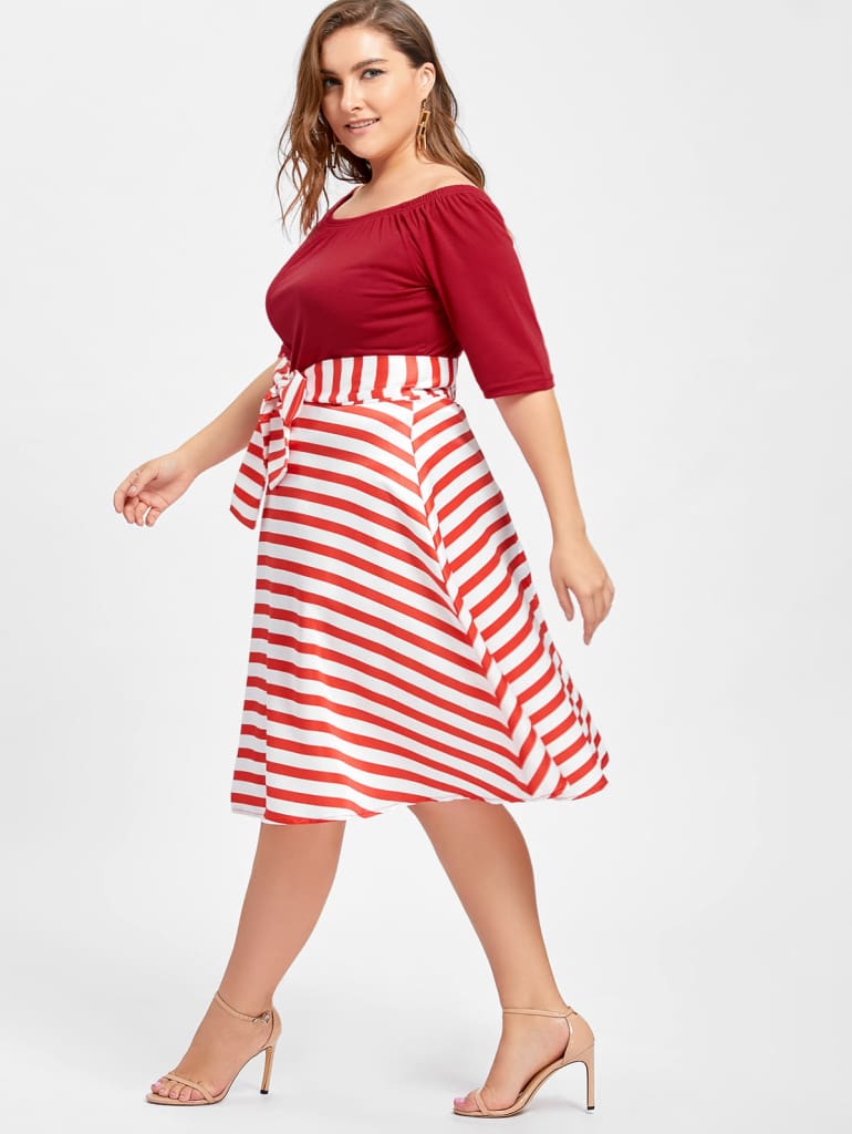 Stripe Women Vintage Dress Half Sleeves High Waist Bowknot Plus Size