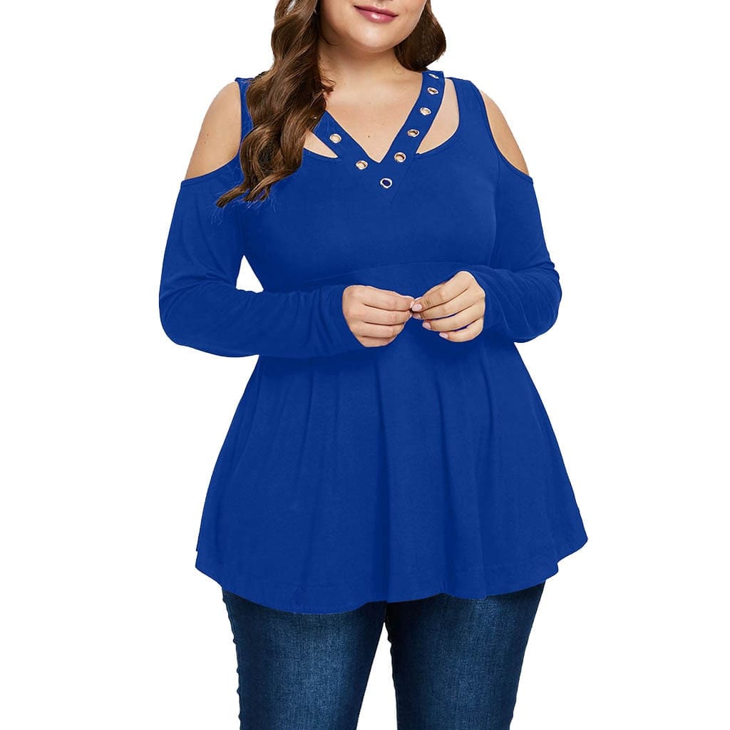 Plus Size Grommet V-Neck Top Blouses For Elegant Ladies