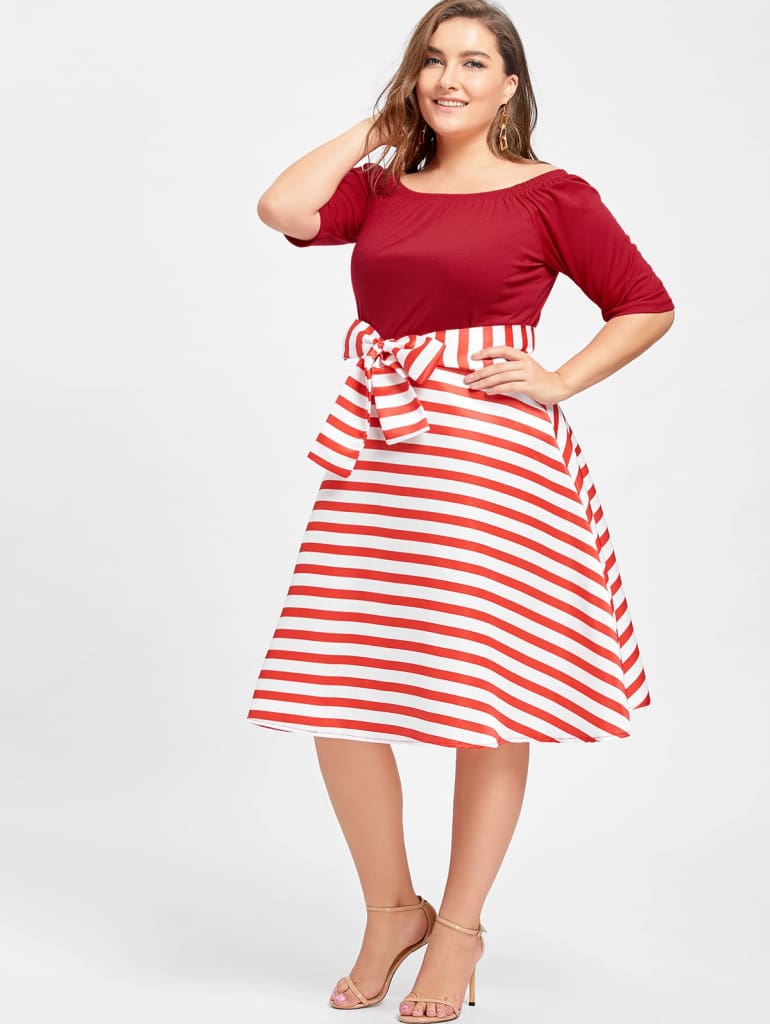 Stripe Women Vintage Dress Half Sleeves High Waist Bowknot Plus Size