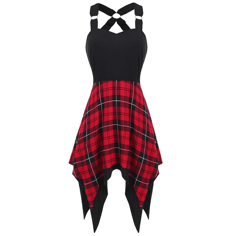 Wipalo Tartan Print Insert Asymmetrical Dress Women Casual Sweetheart Neck Sleeveless Fall Beach Dress Party Dresses Vestido