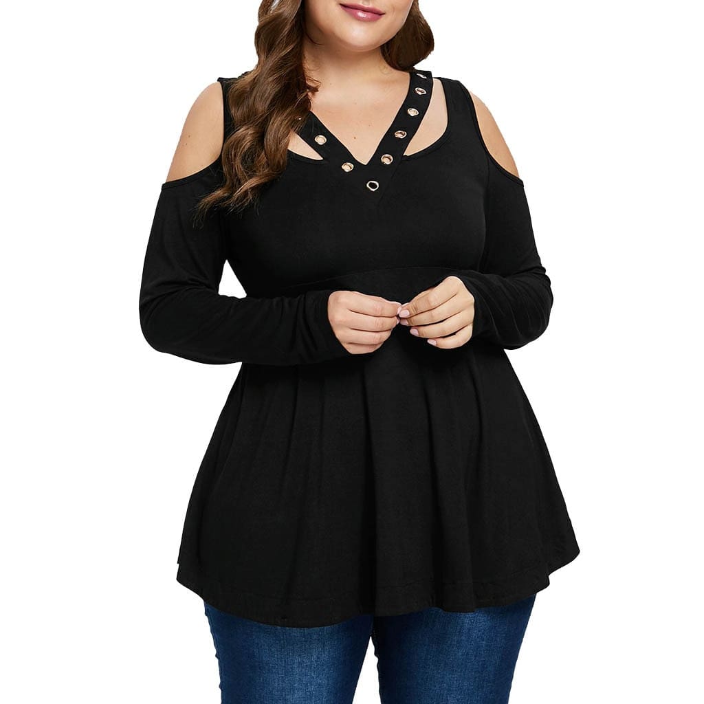 Plus Size Grommet V-Neck Top Blouses For Elegant Ladies