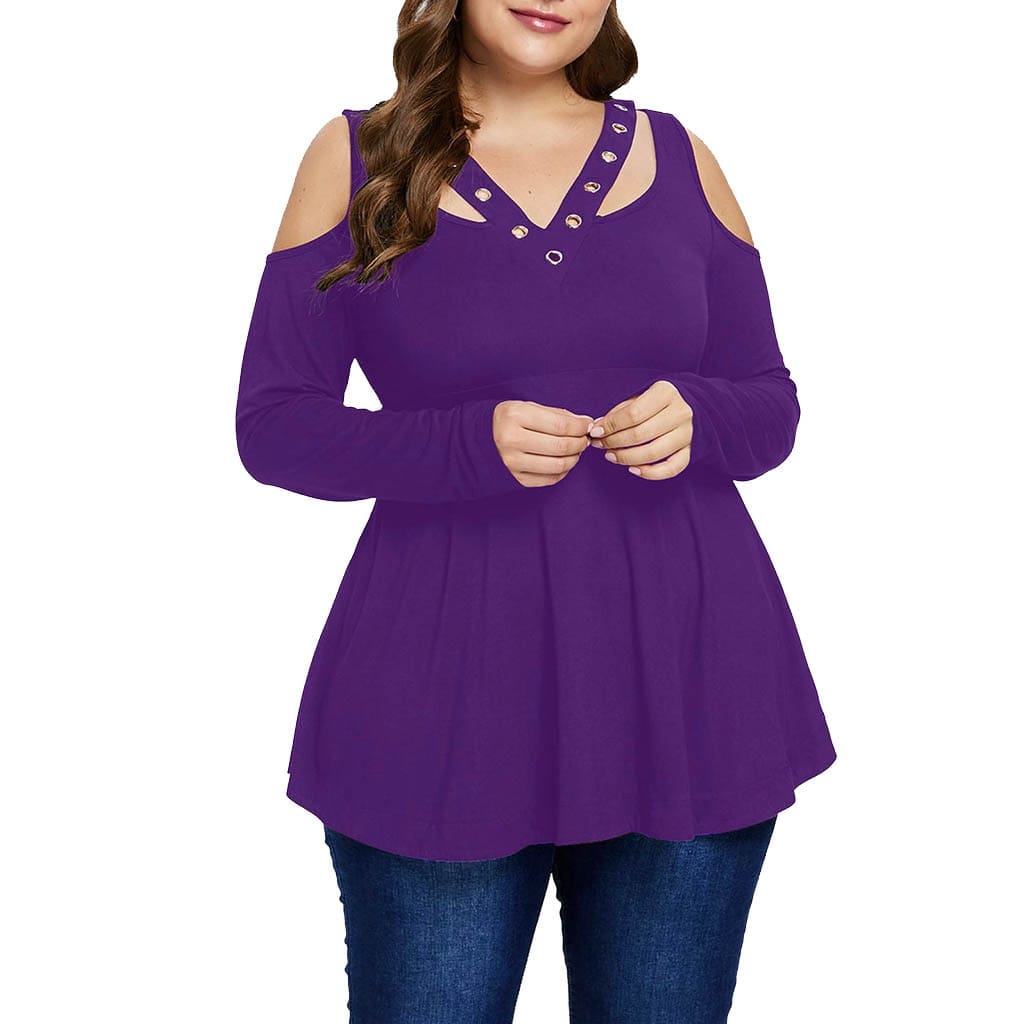 Plus Size Grommet V-Neck Top Blouses For Elegant Ladies