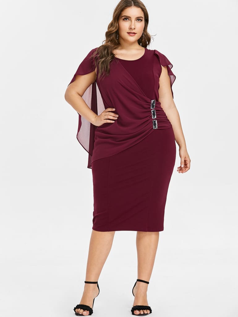 Rhinestone Ruched Embellished Capelet Dress O-Neck Sleeveless Plus Size