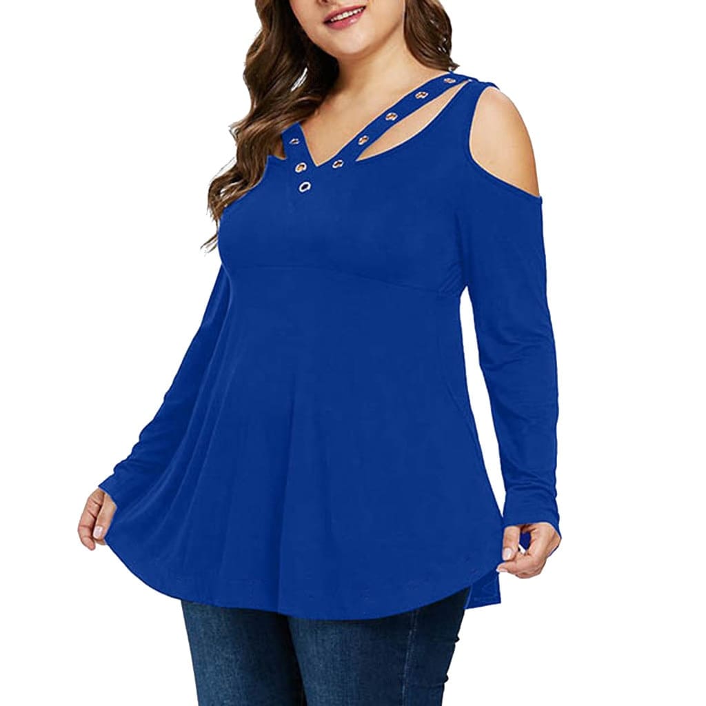 Plus Size Grommet V-Neck Top Blouses For Elegant Ladies