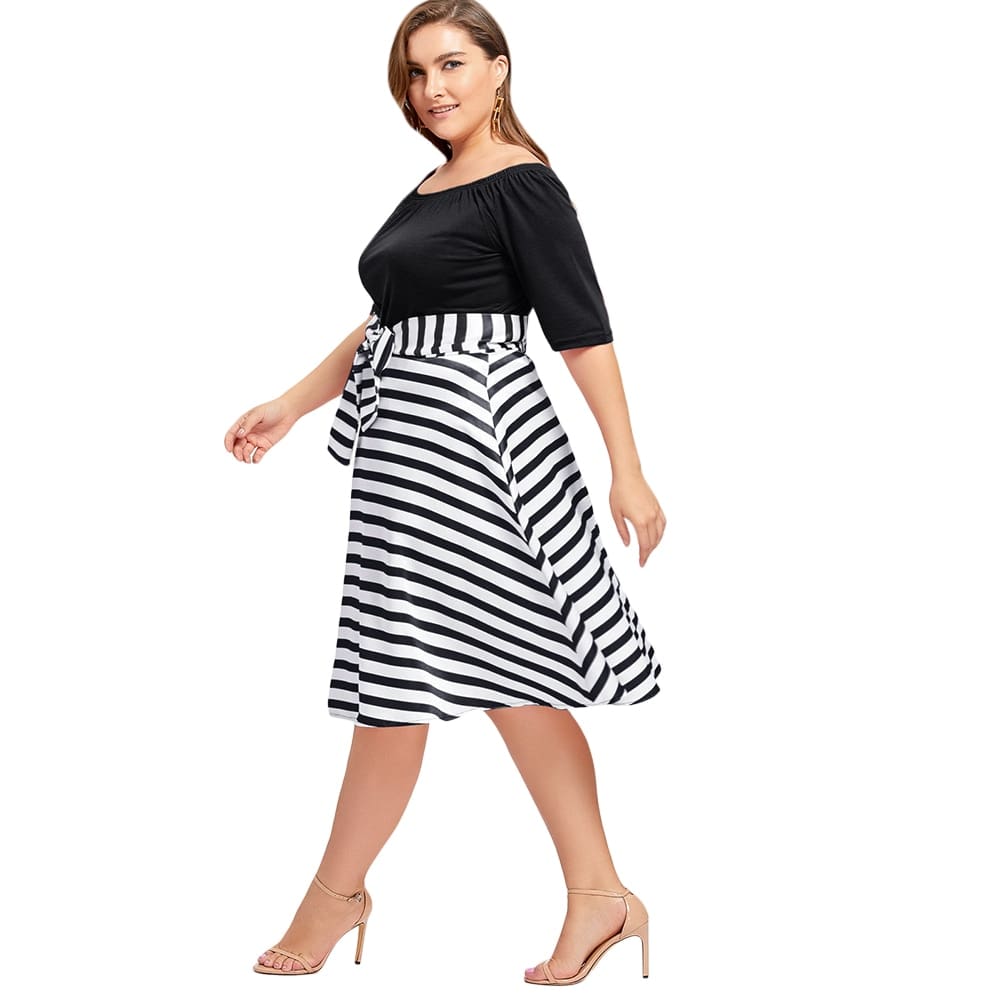 Stripe Women Vintage Dress Half Sleeves High Waist Bowknot Plus Size