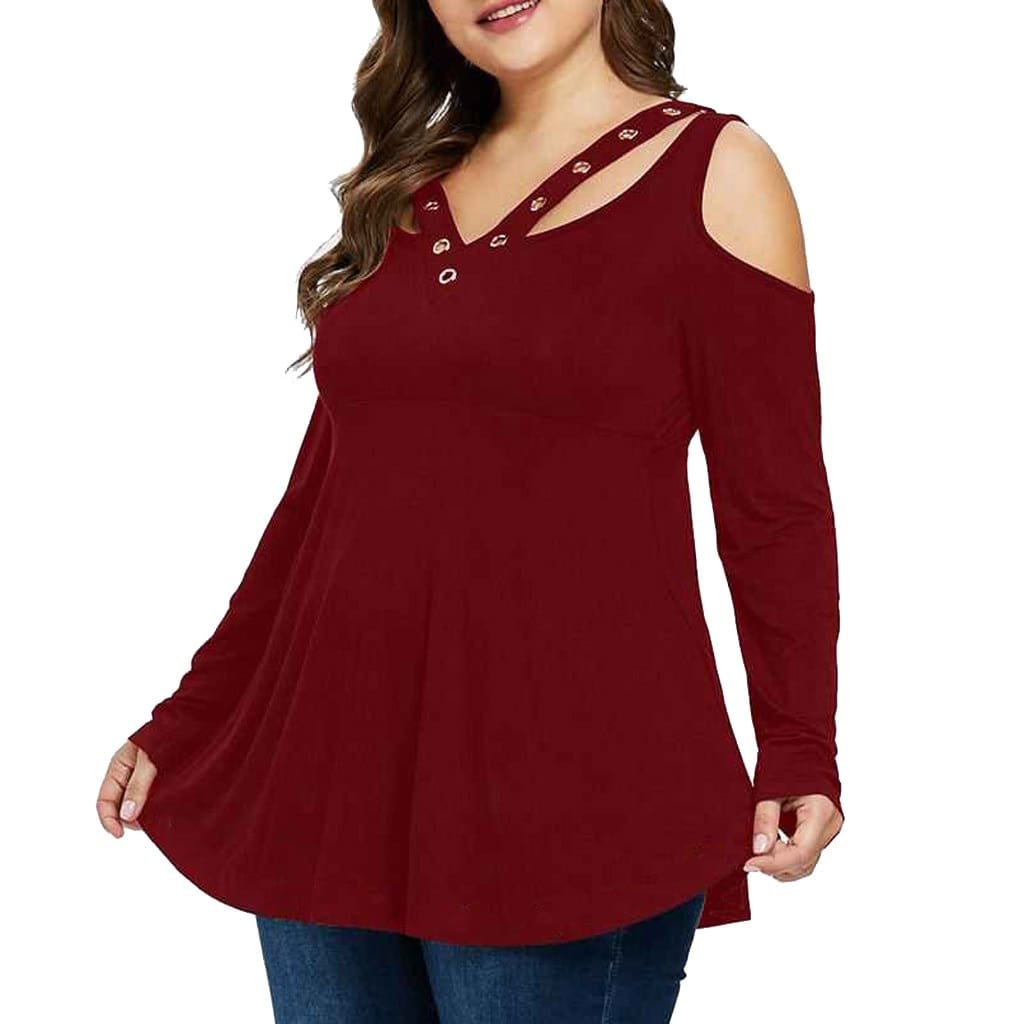 Plus Size Grommet V-Neck Top Blouses For Elegant Ladies