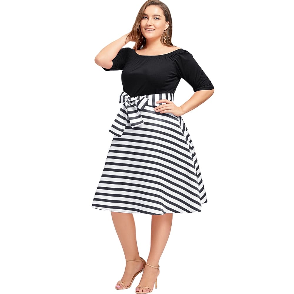 Stripe Women Vintage Dress Half Sleeves High Waist Bowknot Plus Size