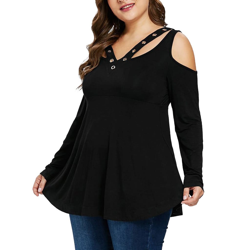 Plus Size Grommet V-Neck Top Blouses For Elegant Ladies