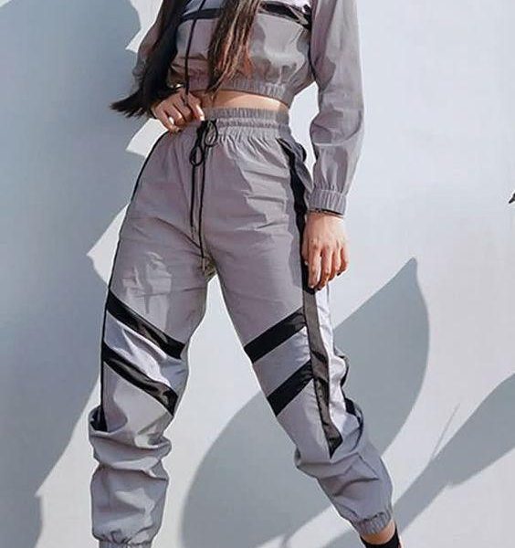 Silver Reflective Color Block Sports Hoodie Pants Suit Set - Takalr