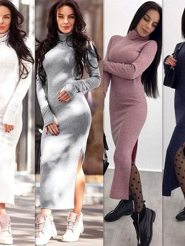 The Best Knitted Bodycon Maxi Dress V Neck Long Sleeve Women Long Thin Dress Online - Takalr