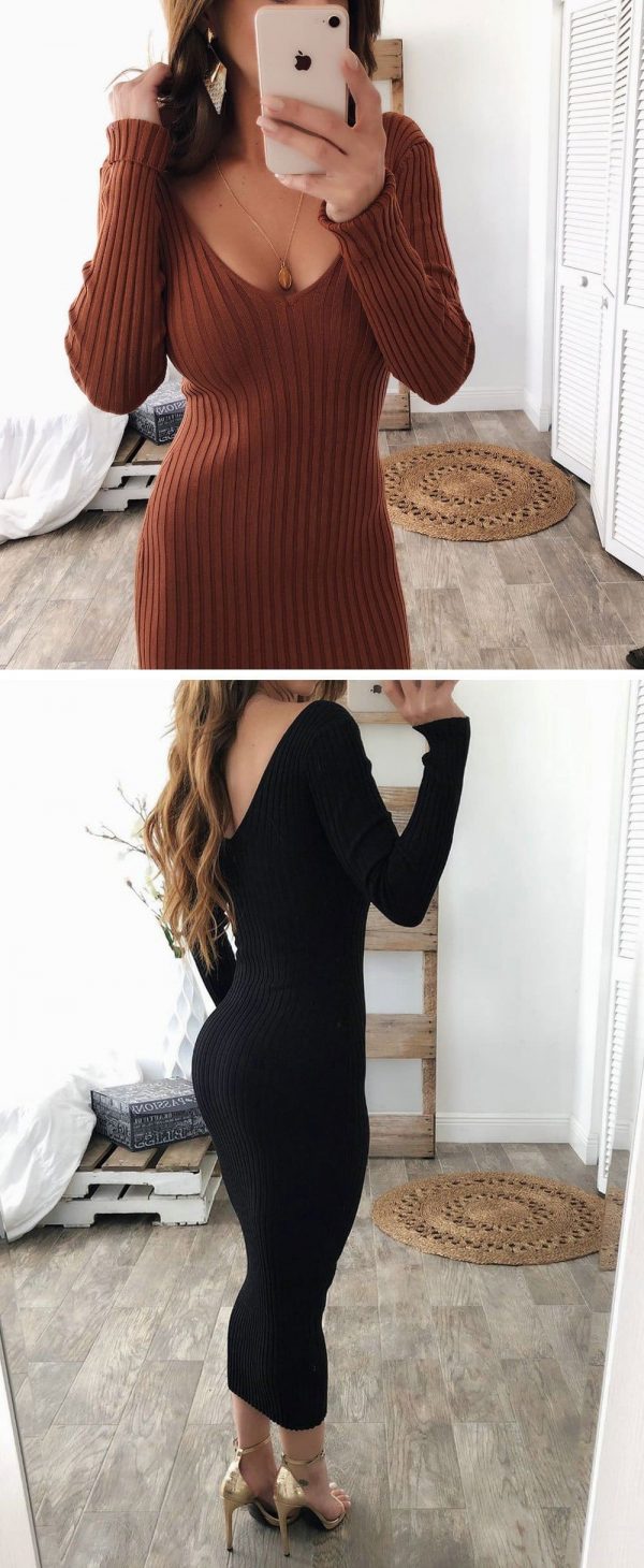 The Best Knitted Bodycon Maxi Dress V Neck Long Sleeve Women Long Thin Dress Online - Takalr