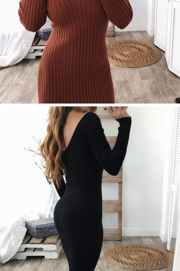 The Best Knitted Bodycon Maxi Dress V Neck Long Sleeve Women Long Thin Dress Online - Takalr