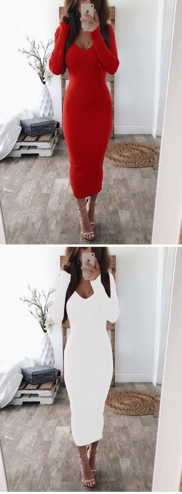 The Best Knitted Bodycon Maxi Dress V Neck Long Sleeve Women Long Thin Dress Online - Takalr