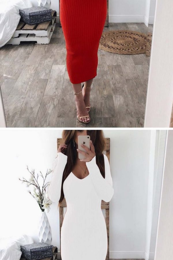 The Best Knitted Bodycon Maxi Dress V Neck Long Sleeve Women Long Thin Dress Online - Takalr