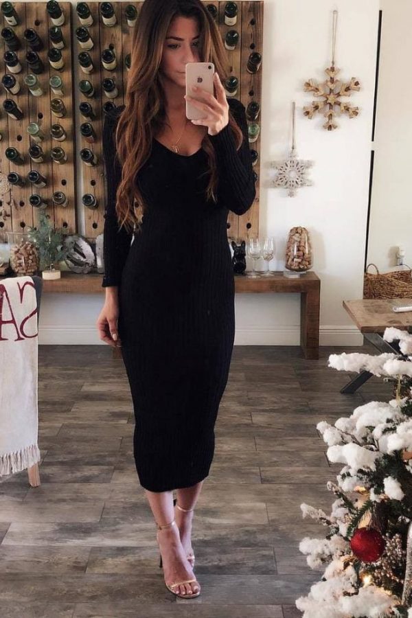 The Best Knitted Bodycon Maxi Dress V Neck Long Sleeve Women Long Thin Dress Online - Takalr