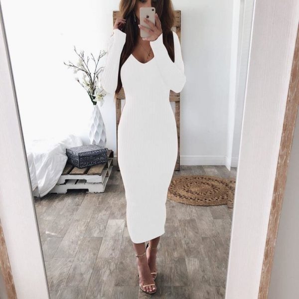 The Best Knitted Bodycon Maxi Dress V Neck Long Sleeve Women Long Thin Dress Online - Takalr