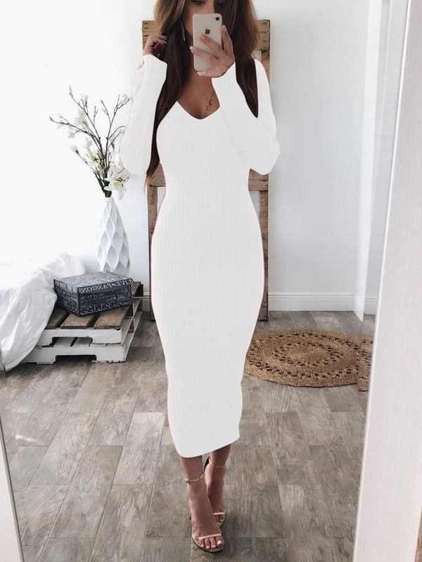 The Best Knitted Bodycon Maxi Dress V Neck Long Sleeve Women Long Thin Dress Online - Takalr