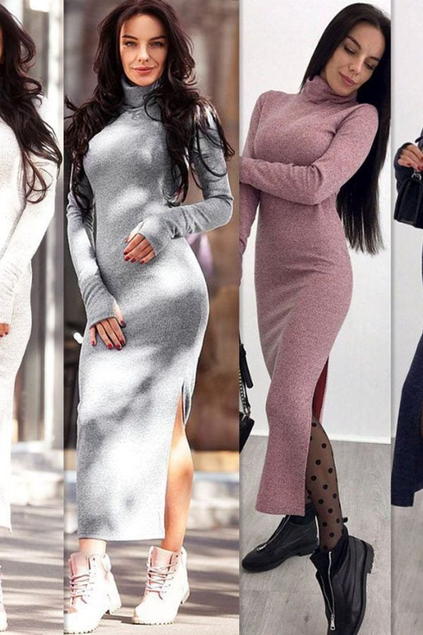 The Best Knitted Bodycon Maxi Dress V Neck Long Sleeve Women Long Thin Dress Online - Takalr