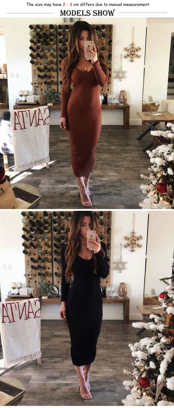 The Best Knitted Bodycon Maxi Dress V Neck Long Sleeve Women Long Thin Dress Online - Takalr