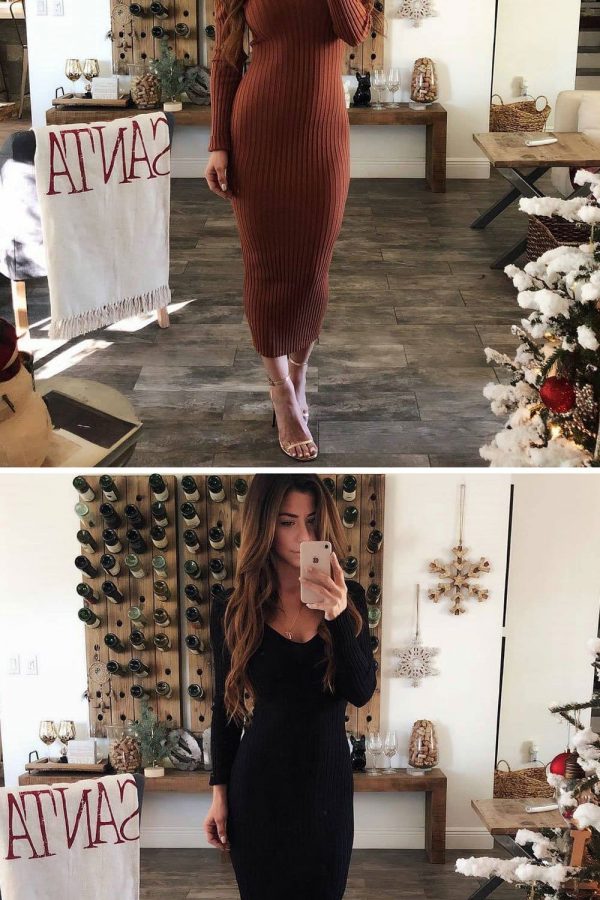 The Best Knitted Bodycon Maxi Dress V Neck Long Sleeve Women Long Thin Dress Online - Takalr