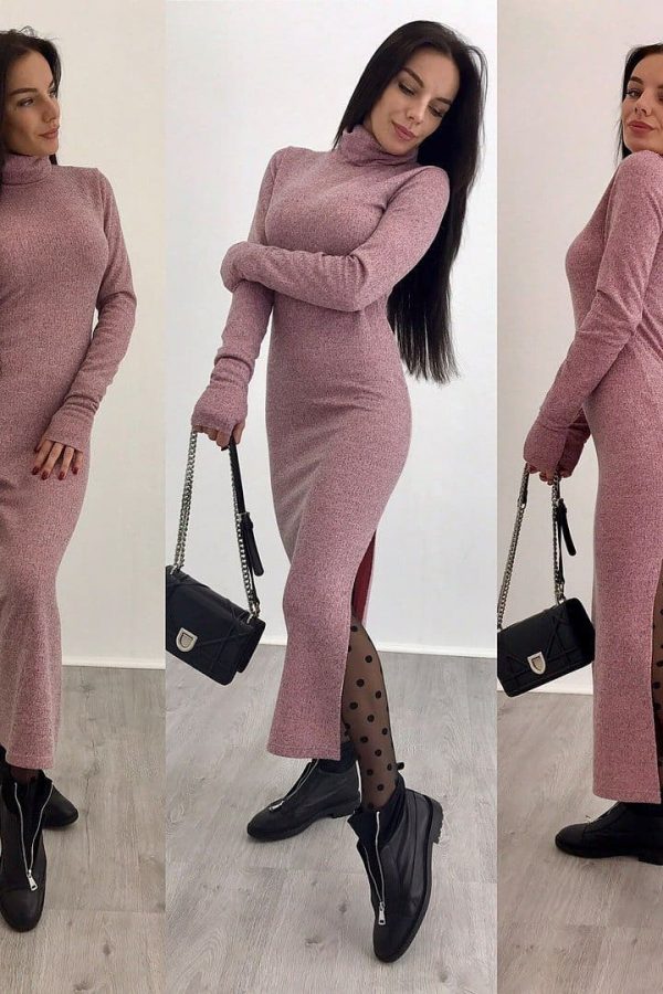 The Best Knitted Bodycon Maxi Dress V Neck Long Sleeve Women Long Thin Dress Online - Takalr