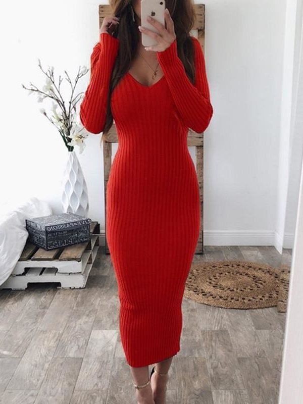 The Best Knitted Bodycon Maxi Dress V Neck Long Sleeve Women Long Thin Dress Online - Takalr