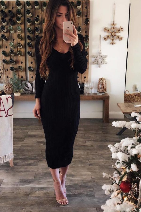 The Best Knitted Bodycon Maxi Dress V Neck Long Sleeve Women Long Thin Dress Online - Takalr