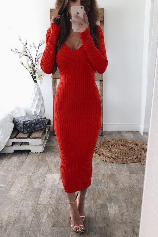 The Best Knitted Bodycon Maxi Dress V Neck Long Sleeve Women Long Thin Dress Online - Takalr