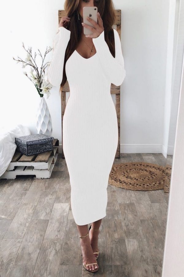 The Best Knitted Bodycon Maxi Dress V Neck Long Sleeve Women Long Thin Dress Online - Takalr