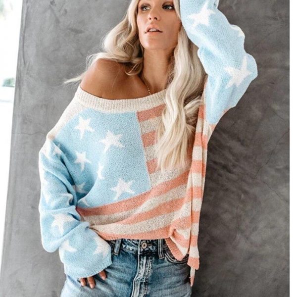 korean style women sweater Star striped print oversized sweater Casua loose knitted sweaters pull femme women winter clothes - Takalr