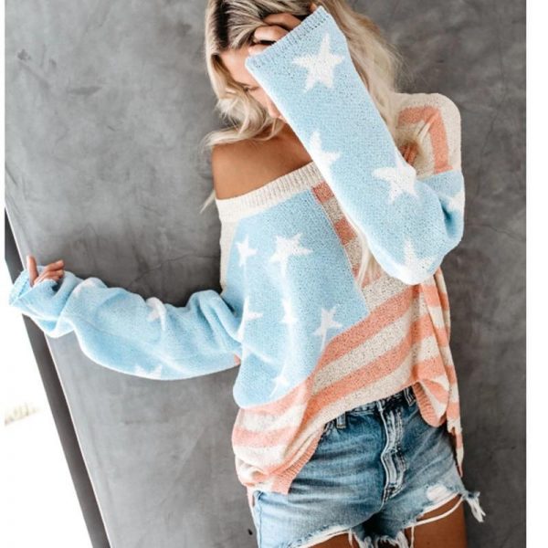 korean style women sweater Star striped print oversized sweater Casua loose knitted sweaters pull femme women winter clothes - Takalr