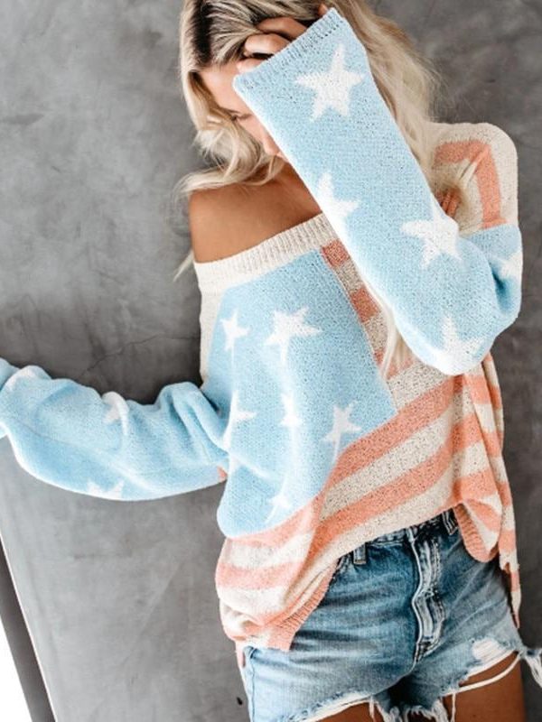 korean style women sweater Star striped print oversized sweater Casua loose knitted sweaters pull femme women winter clothes - Takalr