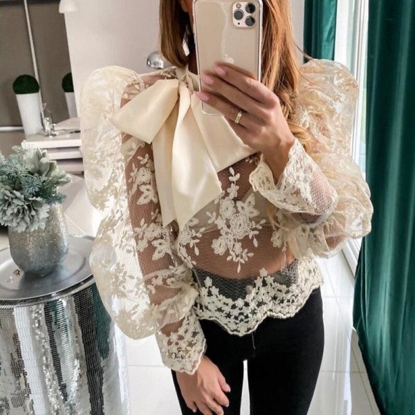 The Best Lace Crochet Womens Tops and Blouses Elegant Sheer Mesh Long Puff Sleeve OL Shirt Ladies See Through Transparent blusa feminina Online - Source Silk