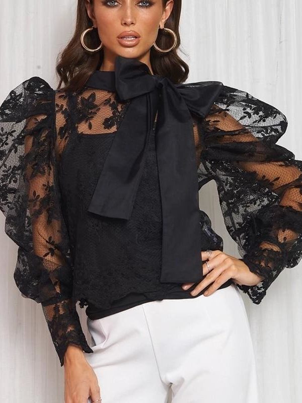 The Best Lace Crochet Womens Tops and Blouses Elegant Sheer Mesh Long Puff Sleeve OL Shirt Ladies See Through Transparent blusa feminina Online - Source Silk